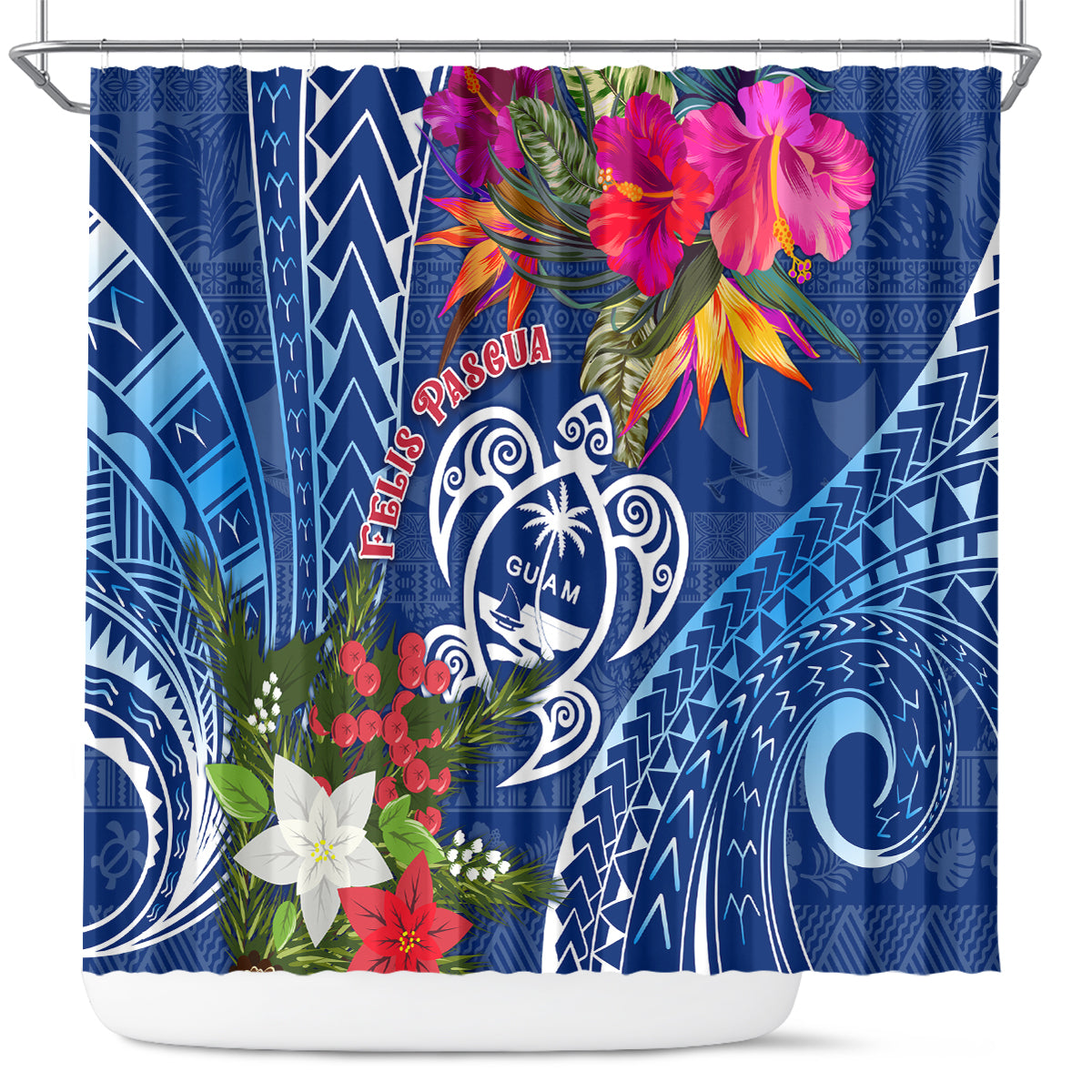 Guam Christmas Shower Curtain Turtle Mix Tapa Felis Pasgua LT7 Blue - Polynesian Pride