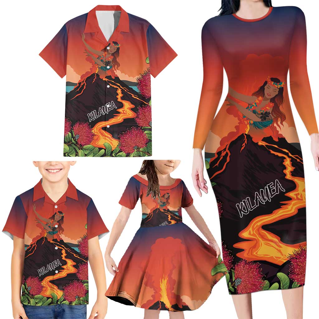 Hawaii Kilauea Volcano Family Matching Long Sleeve Bodycon Dress and Hawaiian Shirt Pele Goddess