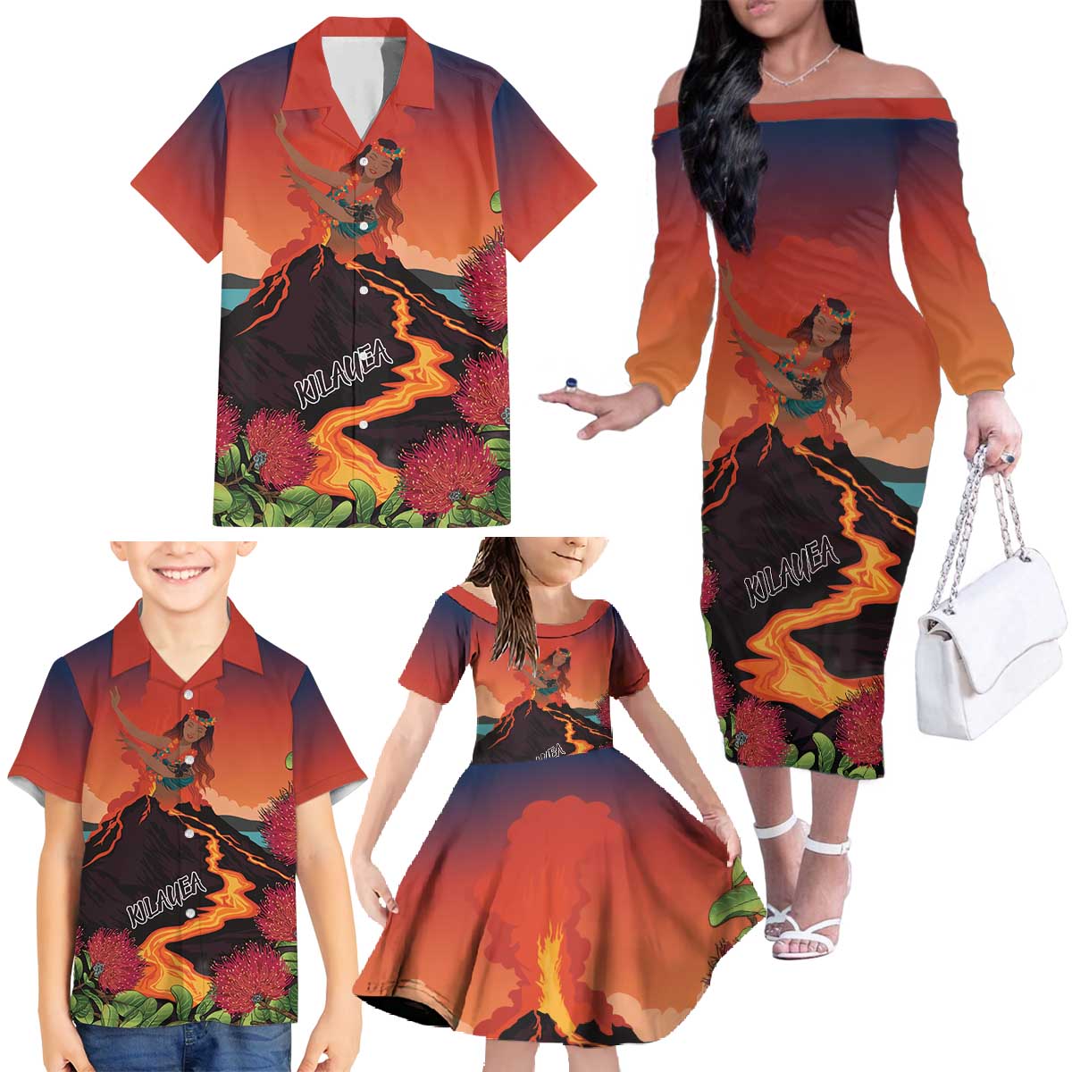 Hawaii Kilauea Volcano Family Matching Off The Shoulder Long Sleeve Dress and Hawaiian Shirt Pele Goddess