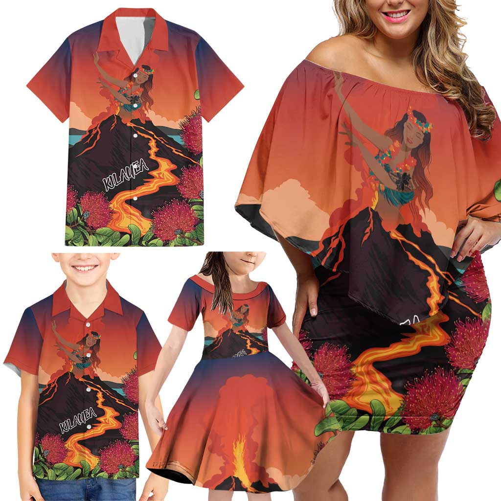 Hawaii Kilauea Volcano Family Matching Off Shoulder Short Dress and Hawaiian Shirt Pele Goddess