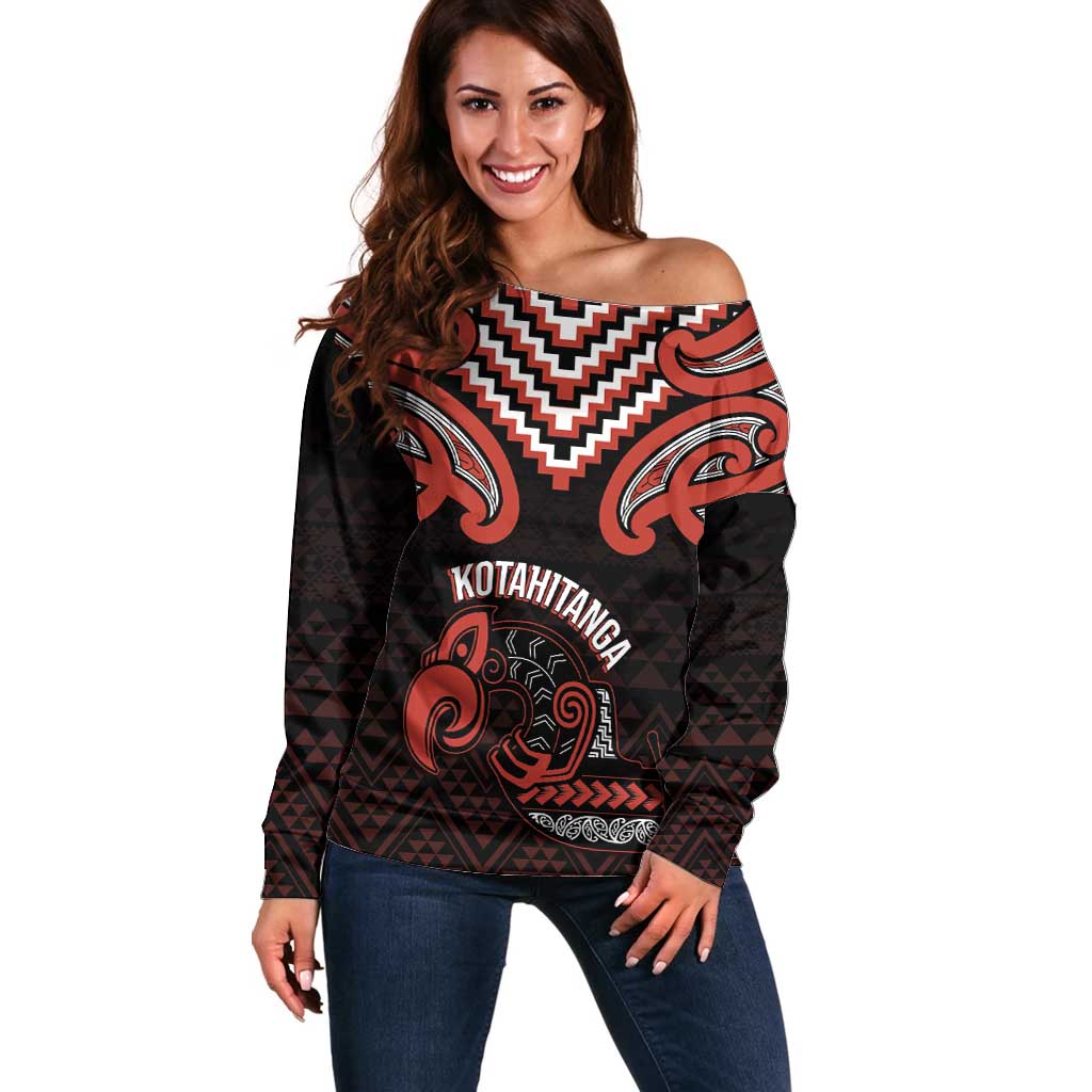 Maori Waitangi Off Shoulder Sweater Kotahitanga Poutama Mix Whakairo LT7 Women Black - Polynesian Pride