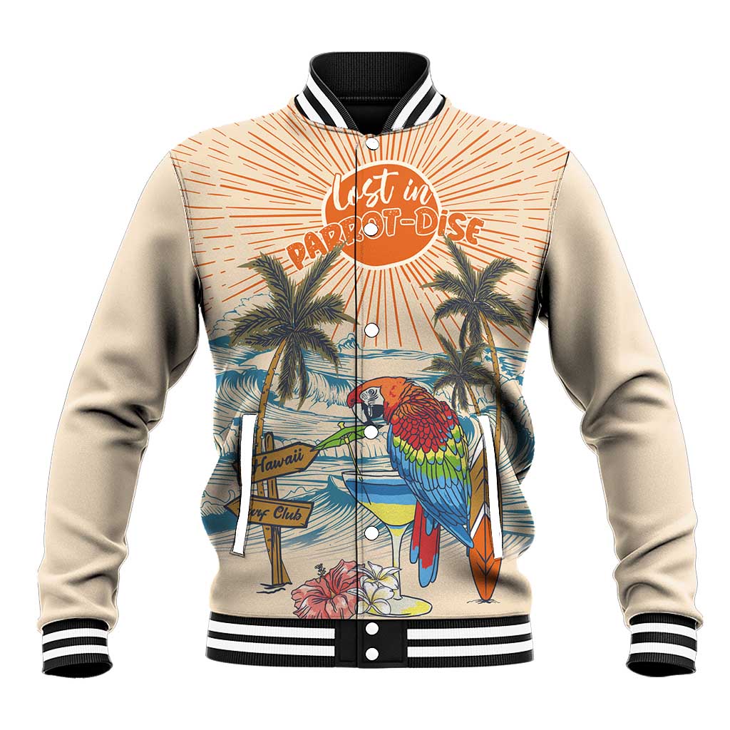 Personalized Christmas In July - Hawaii Retro Baseball Jacket Lost In Parrot-dise LT7 Unisex Beige - Polynesian Pride