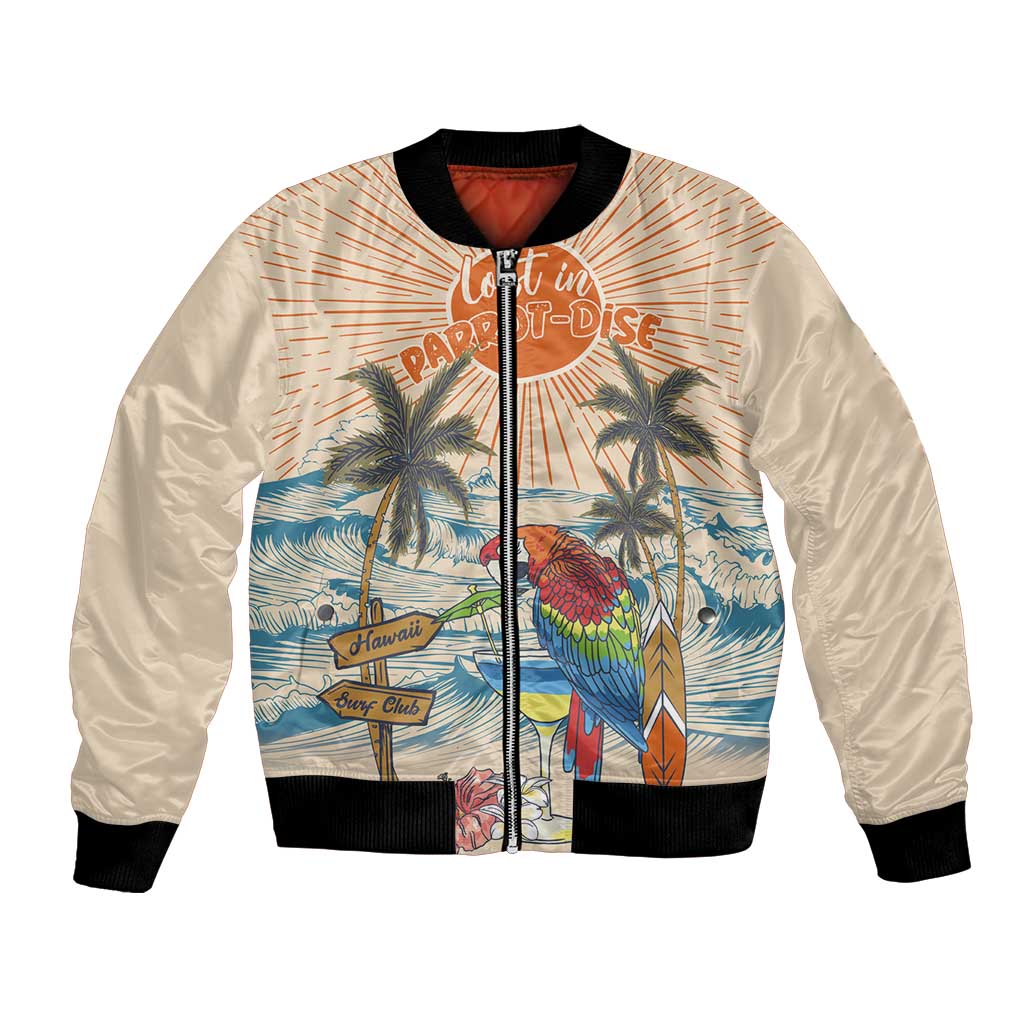 Personalized Christmas In July - Hawaii Retro Bomber Jacket Lost In Parrot-dise LT7 Unisex Beige - Polynesian Pride