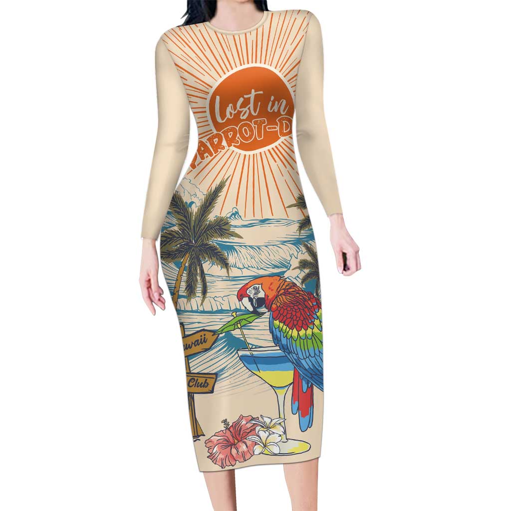 Personalized Christmas In July - Hawaii Retro Long Sleeve Bodycon Dress Lost In Parrot-dise LT7 Long Dress Beige - Polynesian Pride