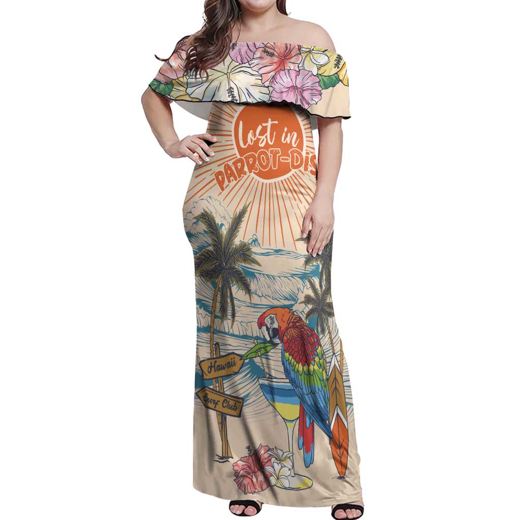 Personalized Christmas In July - Hawaii Retro Off Shoulder Maxi Dress Lost In Parrot-dise LT7 Women Beige - Polynesian Pride