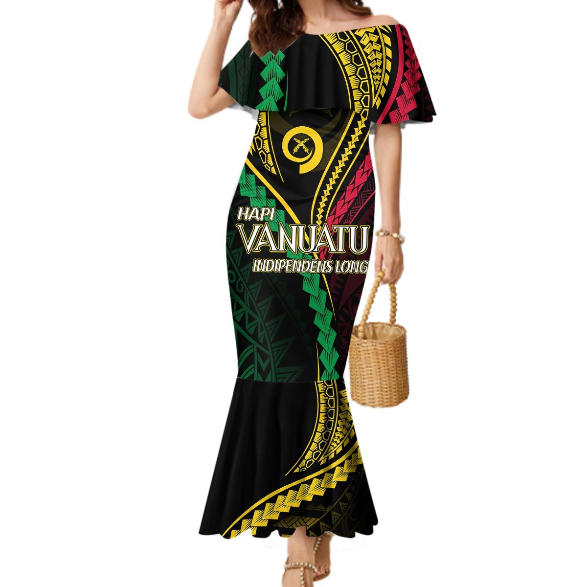 Personalised Vanuatu Mermaid Dress 44th Hapi Indipendens Long LT7 Women Black - Polynesian Pride