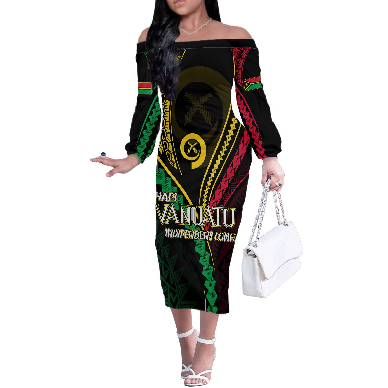 Personalised Vanuatu Off The Shoulder Long Sleeve Dress 44th Hapi Indipendens Long LT7 Women Black - Polynesian Pride