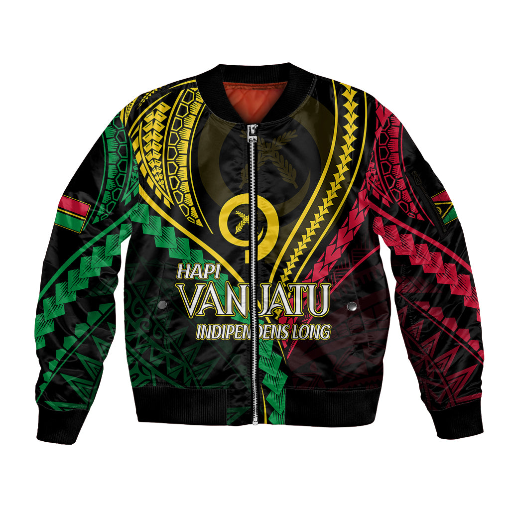 Personalised Vanuatu Sleeve Zip Bomber Jacket 44th Hapi Indipendens Long LT7 Unisex Black - Polynesian Pride