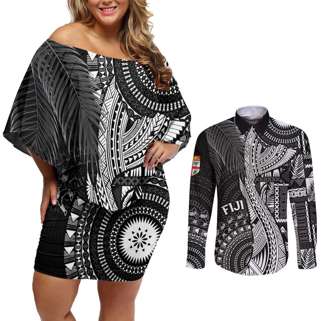 Fiji Rugby Personalised Bula Masi Couples Matching Off Shoulder Short Dress and Long Sleeve Button Shirt Fish Tail Kaivity Cibi - Black LT7 Black - Polynesian Pride
