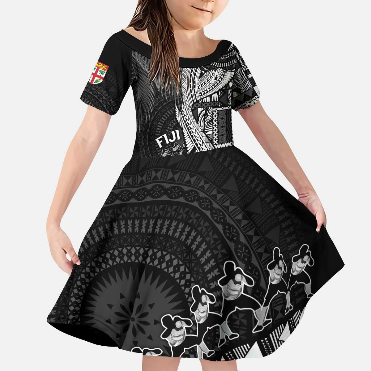 Fiji Rugby Personalised Bula Masi Kid Short Sleeve Dress Fish Tail Kaivity Cibi - Black LT7 KID Black - Polynesian Pride