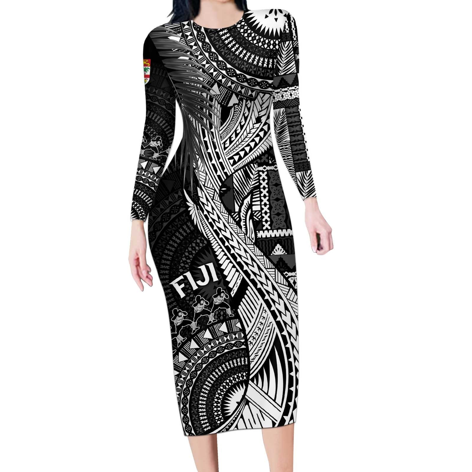 Fiji Rugby Personalised Bula Masi Long Sleeve Bodycon Dress Fish Tail Kaivity Cibi - Black LT7 Long Dress Black - Polynesian Pride