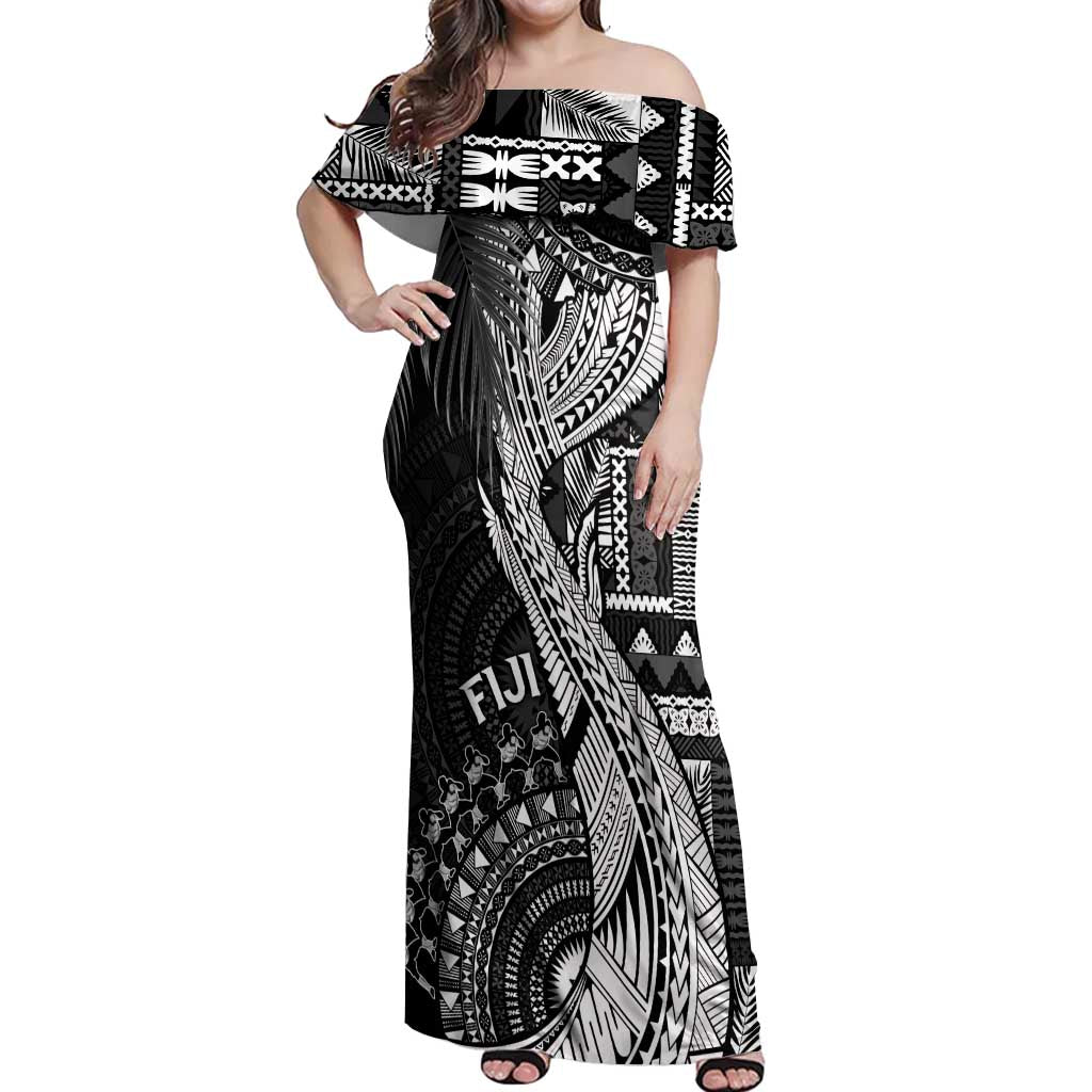 Fiji Rugby Personalised Bula Masi Off Shoulder Maxi Dress Fish Tail Kaivity Cibi - Black LT7 Women Black - Polynesian Pride