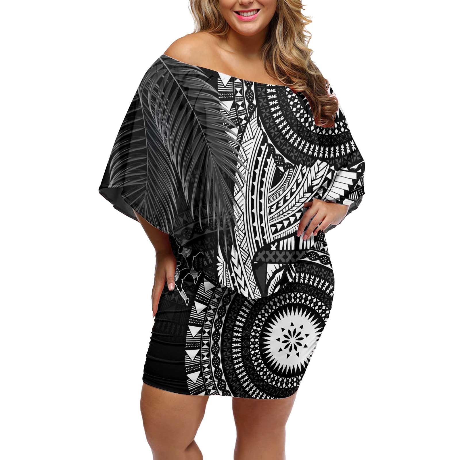 Fiji Rugby Personalised Bula Masi Off Shoulder Short Dress Fish Tail Kaivity Cibi - Black LT7 Women Black - Polynesian Pride