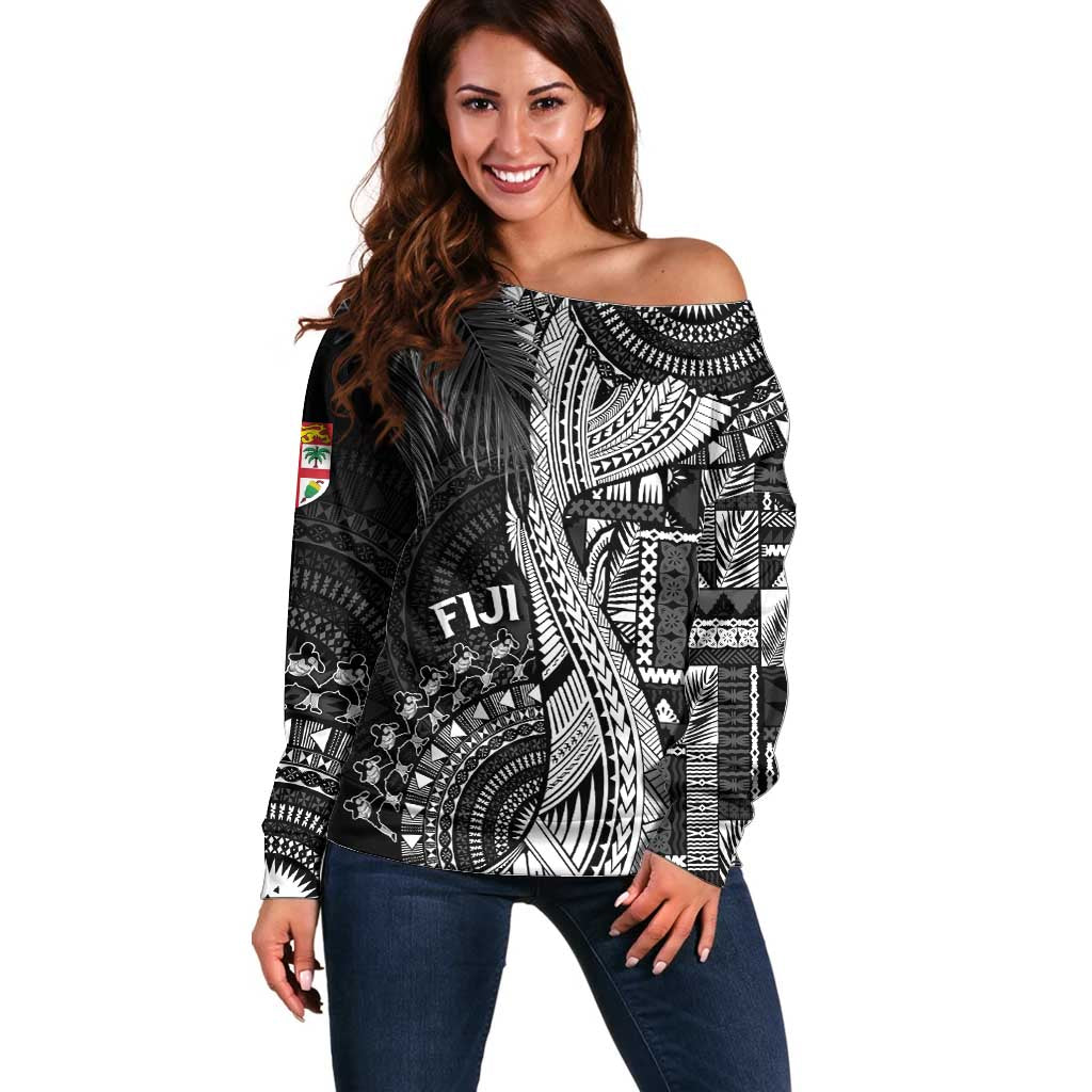 Fiji Rugby Personalised Bula Masi Off Shoulder Sweater Fish Tail Kaivity Cibi - Black LT7 Women Black - Polynesian Pride