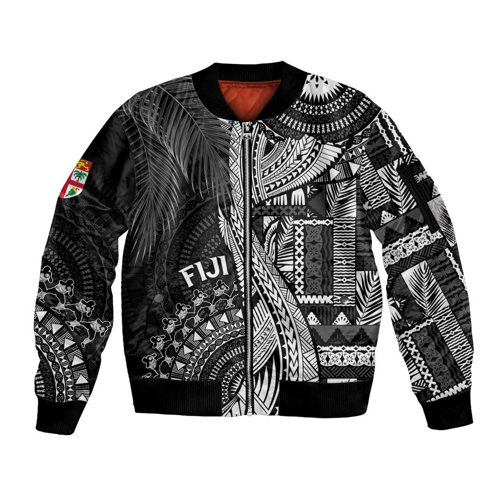 Fiji Rugby Personalised Bula Masi Sleeve Zip Bomber Jacket Fish Tail Kaivity Cibi - Black LT7 Unisex Black - Polynesian Pride