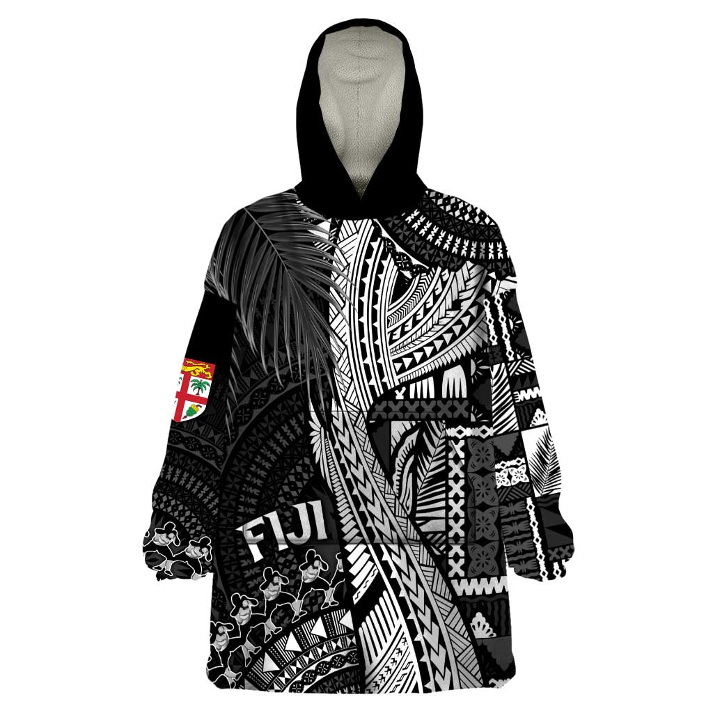 Fiji Rugby Personalised Bula Masi Wearable Blanket Hoodie Fish Tail Kaivity Cibi - Black LT7 One Size Black - Polynesian Pride