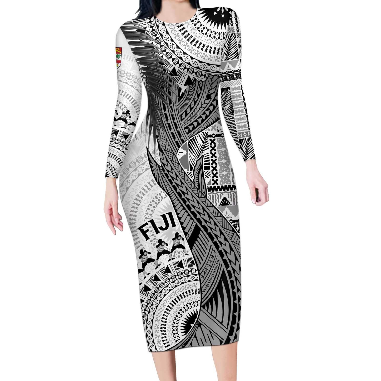 Fiji Rugby Personalised Bula Masi Long Sleeve Bodycon Dress Fish Tail Kaivity Cibi - White LT7 Long Dress White - Polynesian Pride