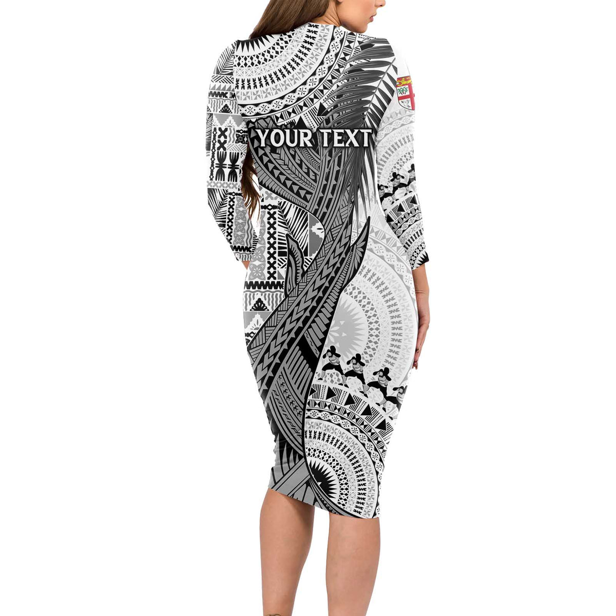 Fiji Rugby Personalised Bula Masi Long Sleeve Bodycon Dress Fish Tail Kaivity Cibi - White LT7 - Polynesian Pride