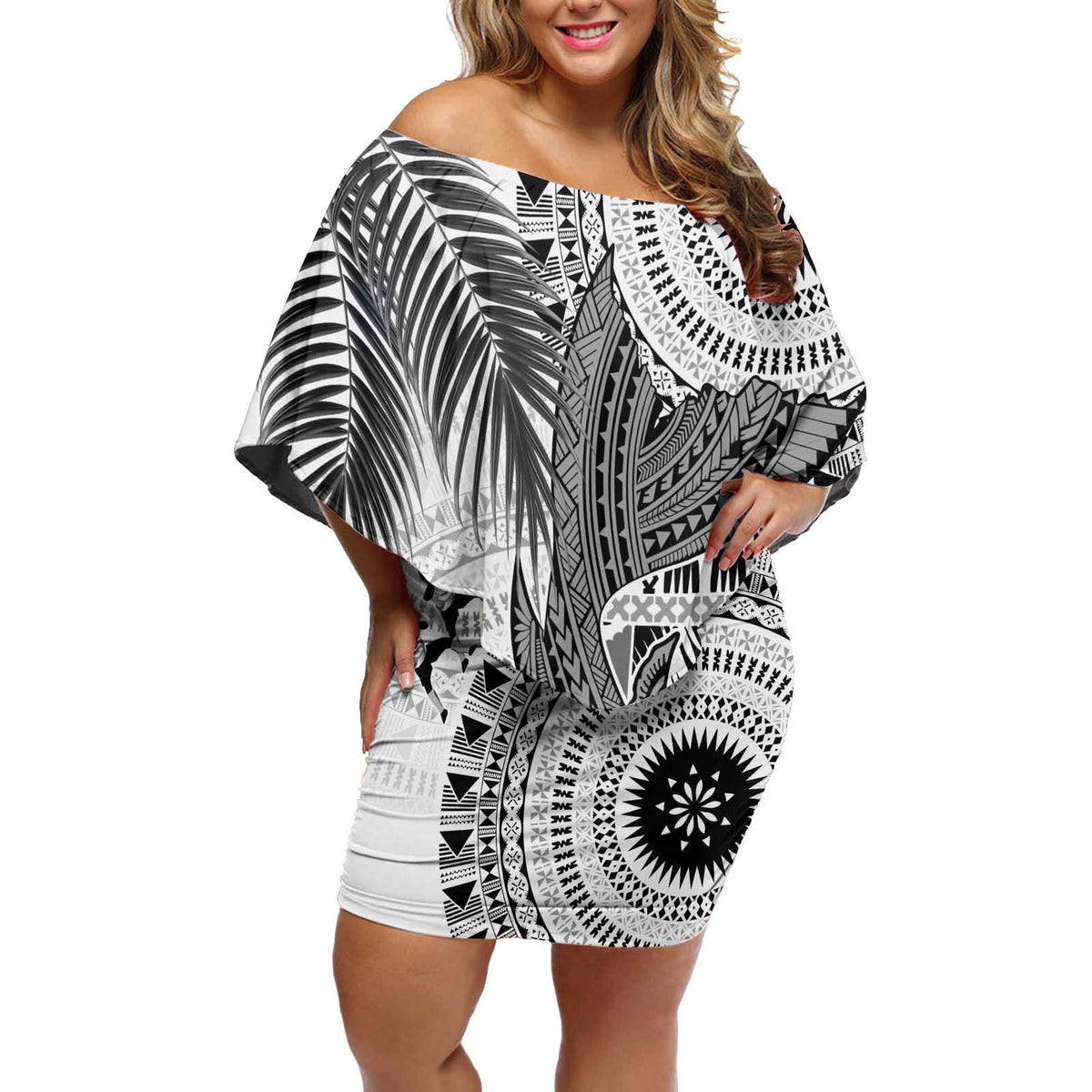 Fiji Rugby Personalised Bula Masi Off Shoulder Short Dress Fish Tail Kaivity Cibi - White LT7 Women White - Polynesian Pride