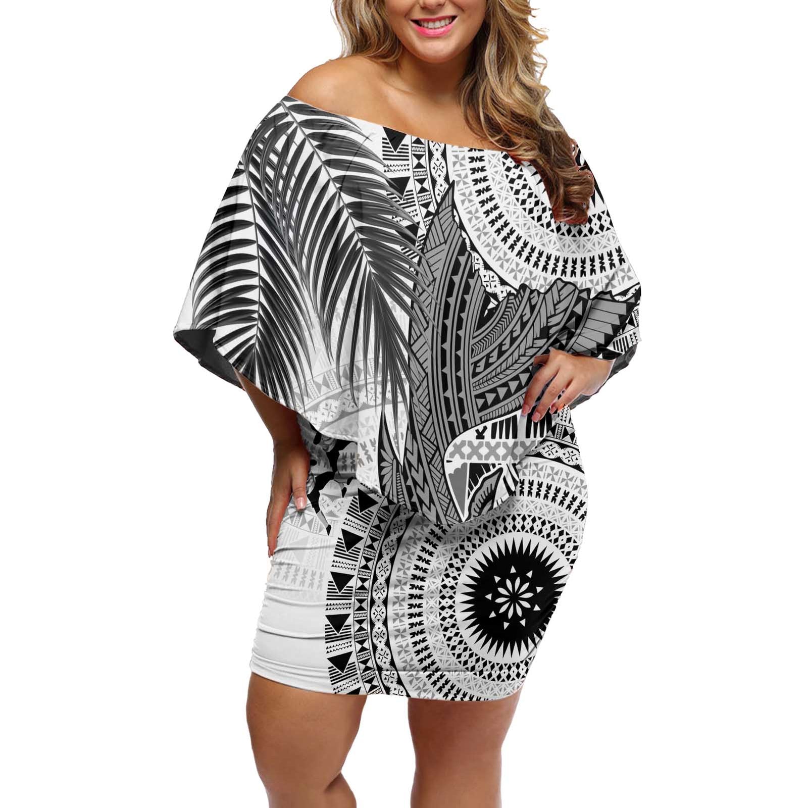 Fiji Rugby Personalised Bula Masi Off Shoulder Short Dress Fish Tail Kaivity Cibi - White LT7 Women White - Polynesian Pride