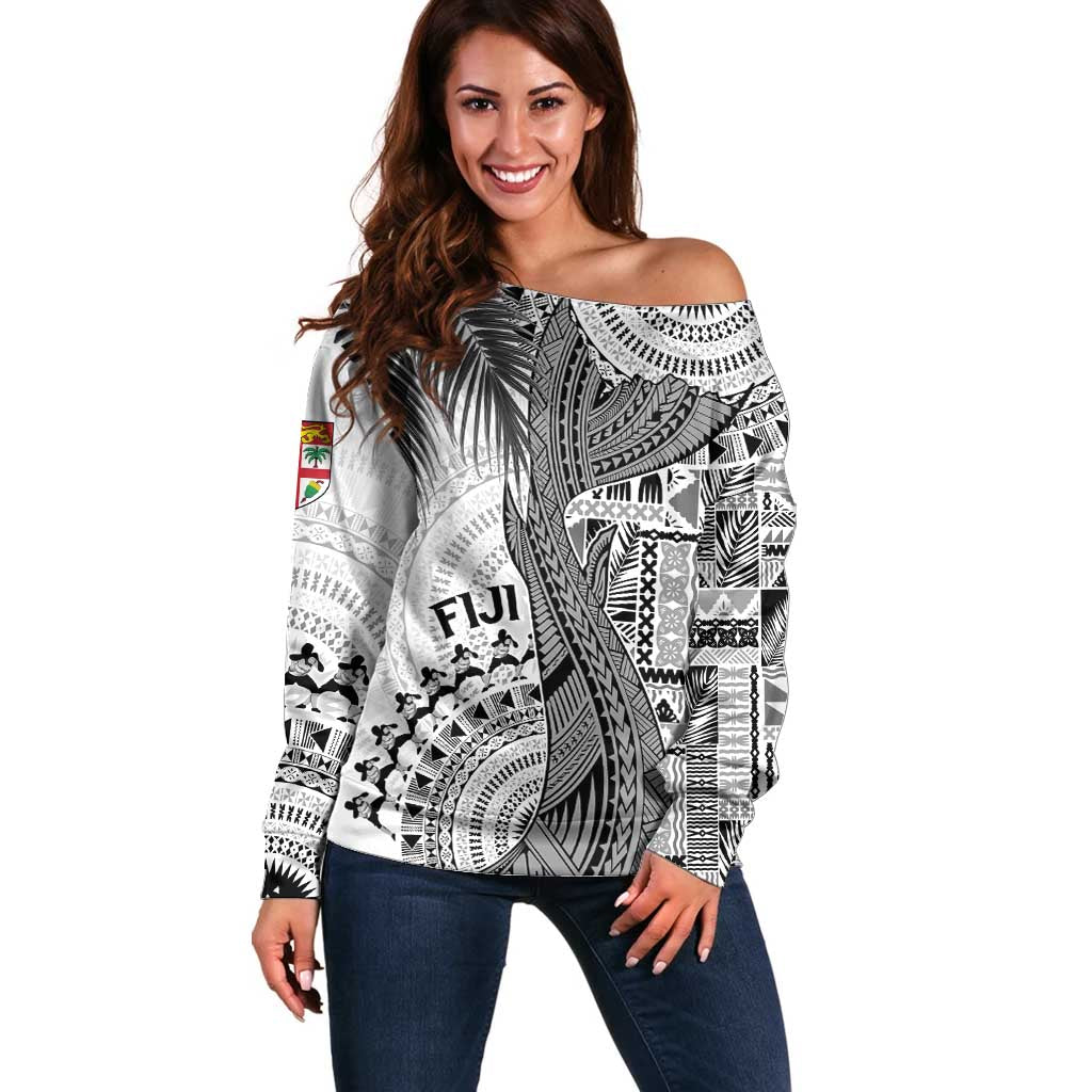 Fiji Rugby Personalised Bula Masi Off Shoulder Sweater Fish Tail Kaivity Cibi - White LT7 Women White - Polynesian Pride