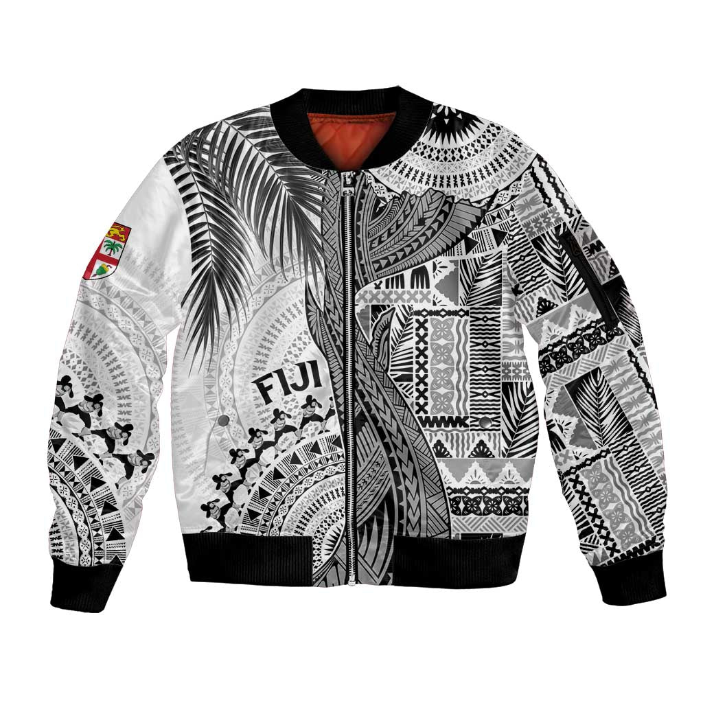 Fiji Rugby Personalised Bula Masi Sleeve Zip Bomber Jacket Fish Tail Kaivity Cibi - White LT7 Unisex White - Polynesian Pride