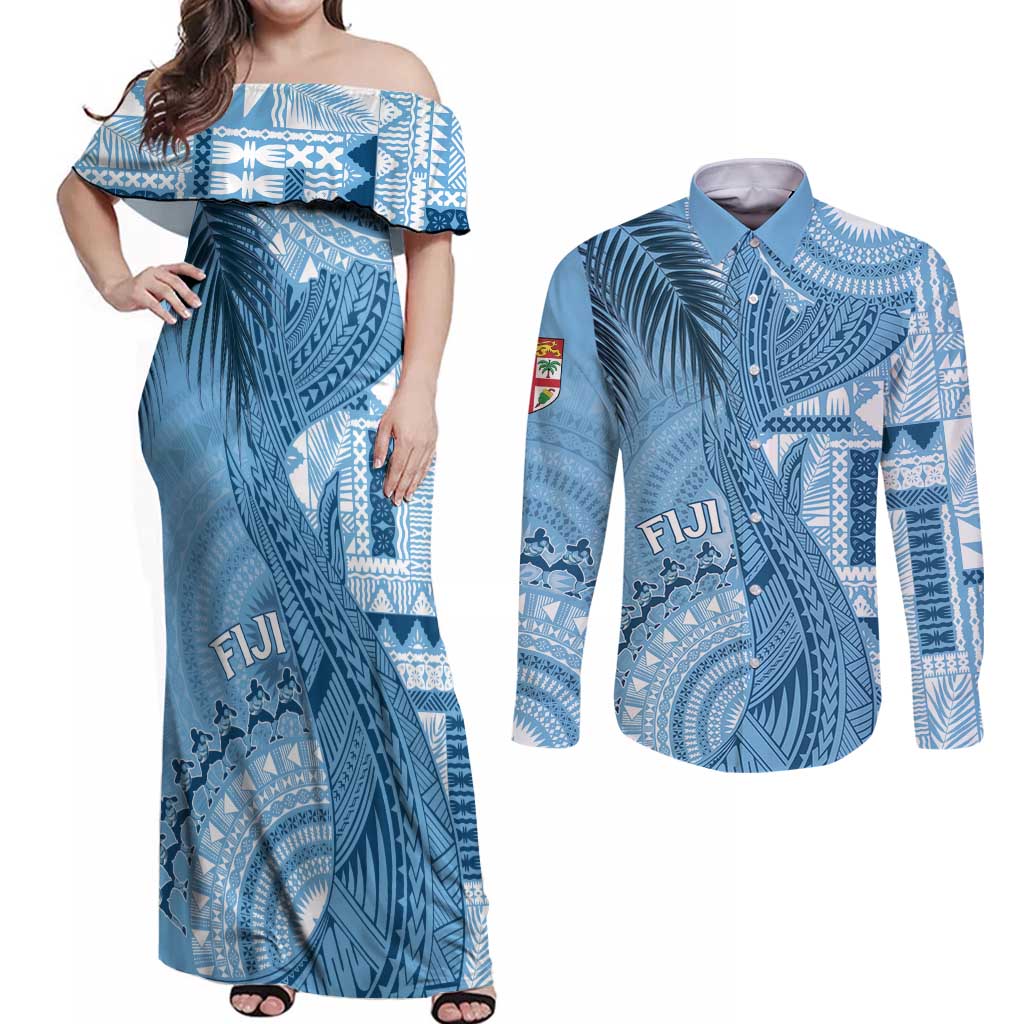 Fiji Rugby Personalised Bula Masi Couples Matching Off Shoulder Maxi Dress and Long Sleeve Button Shirt Fish Tail Kaivity Cibi - Turquoise LT7 Turquoise - Polynesian Pride
