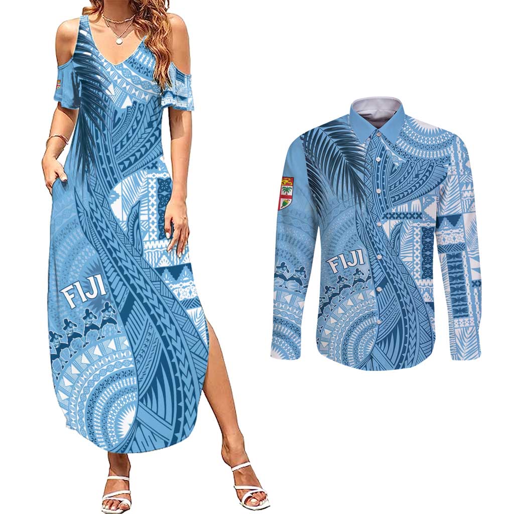 Fiji Rugby Personalised Bula Masi Couples Matching Summer Maxi Dress and Long Sleeve Button Shirt Fish Tail Kaivity Cibi - Turquoise LT7 Turquoise - Polynesian Pride