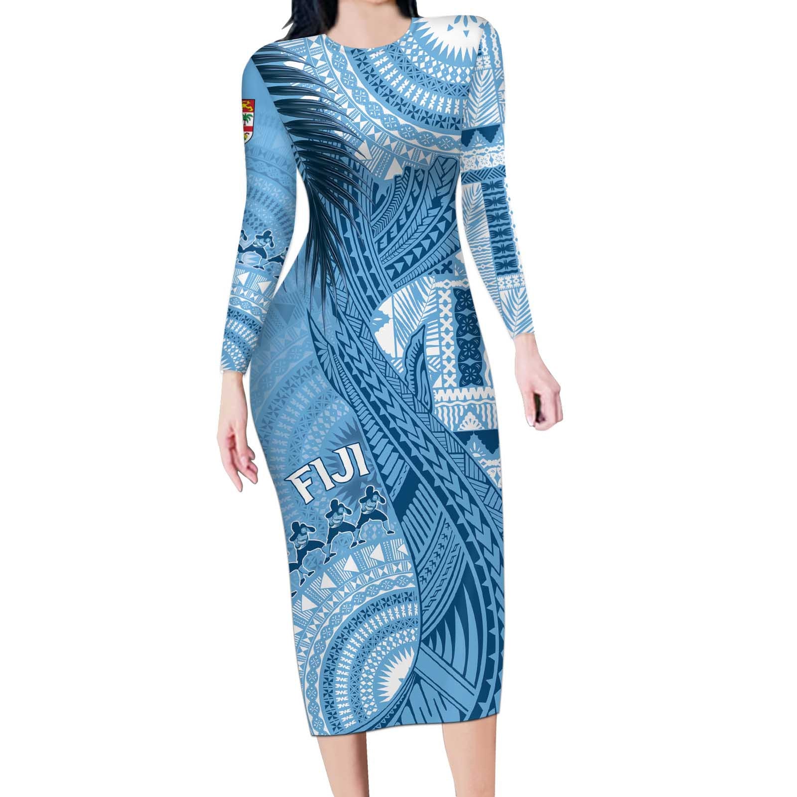 Fiji Rugby Personalised Bula Masi Long Sleeve Bodycon Dress Fish Tail Kaivity Cibi - Turquoise LT7 Long Dress Turquoise - Polynesian Pride