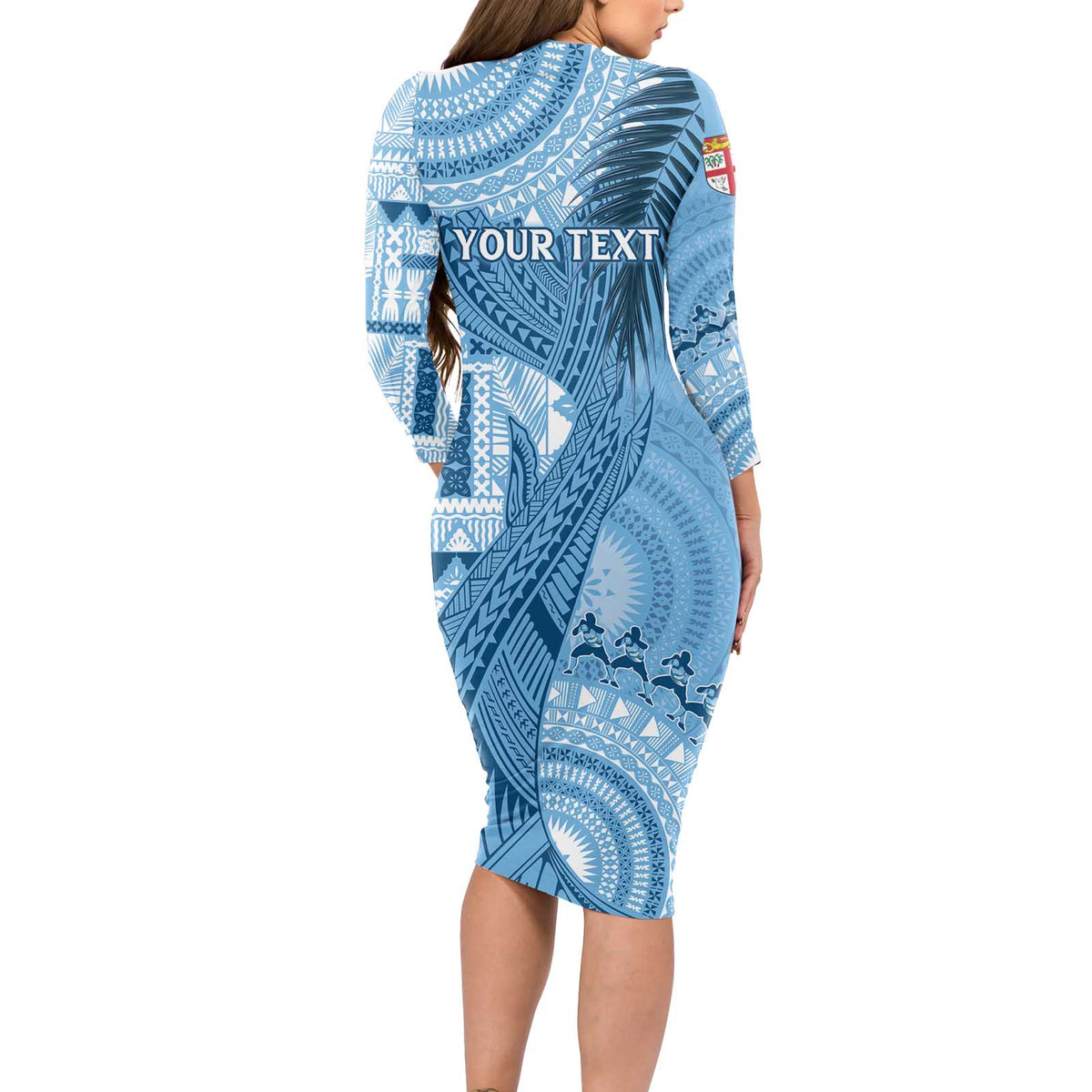 Fiji Rugby Personalised Bula Masi Long Sleeve Bodycon Dress Fish Tail Kaivity Cibi - Turquoise LT7 - Polynesian Pride
