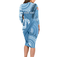Fiji Rugby Personalised Bula Masi Long Sleeve Bodycon Dress Fish Tail Kaivity Cibi - Turquoise LT7 - Polynesian Pride