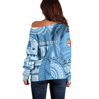 Fiji Rugby Personalised Bula Masi Off Shoulder Sweater Fish Tail Kaivity Cibi - Turquoise LT7 - Polynesian Pride