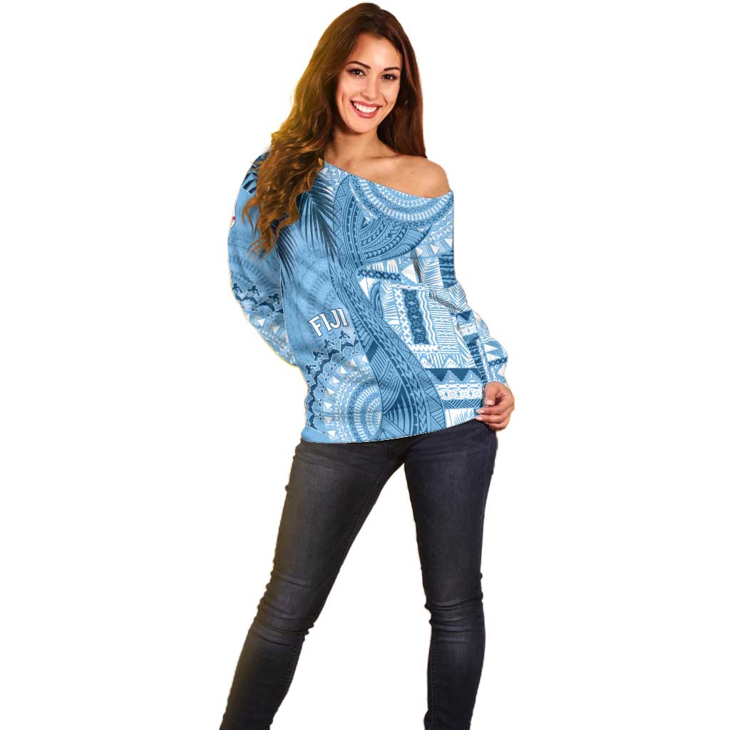 Fiji Rugby Personalised Bula Masi Off Shoulder Sweater Fish Tail Kaivity Cibi - Turquoise LT7 - Polynesian Pride