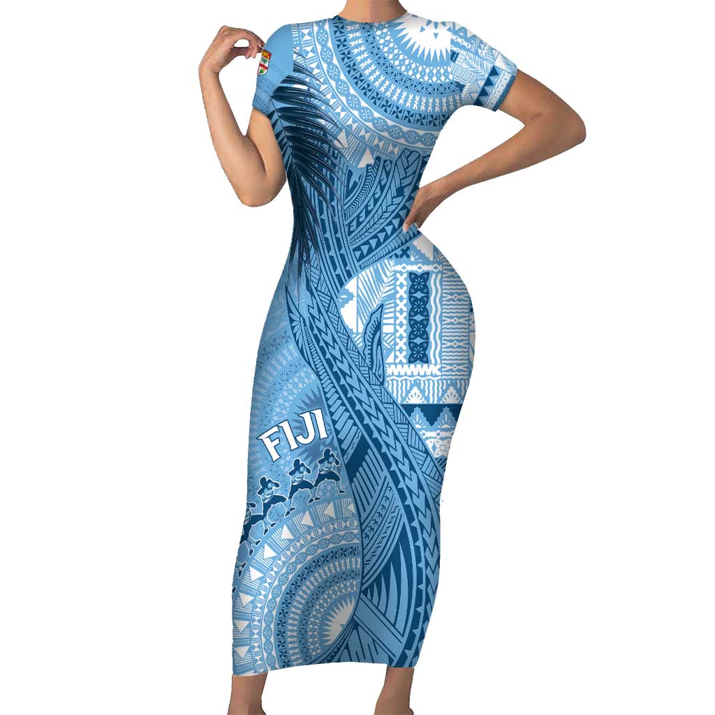 Fiji Rugby Personalised Bula Masi Short Sleeve Bodycon Dress Fish Tail Kaivity Cibi - Turquoise LT7 Long Dress Turquoise - Polynesian Pride