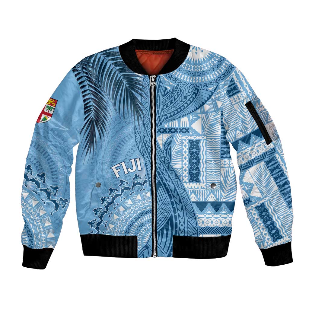 Fiji Rugby Personalised Bula Masi Sleeve Zip Bomber Jacket Fish Tail Kaivity Cibi - Turquoise LT7 Unisex Turquoise - Polynesian Pride