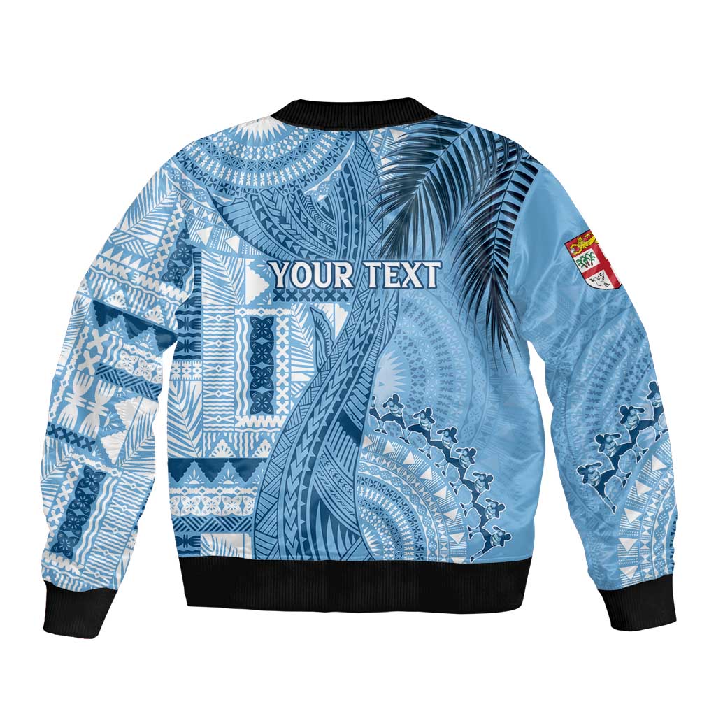 Fiji Rugby Personalised Bula Masi Sleeve Zip Bomber Jacket Fish Tail Kaivity Cibi - Turquoise LT7 - Polynesian Pride