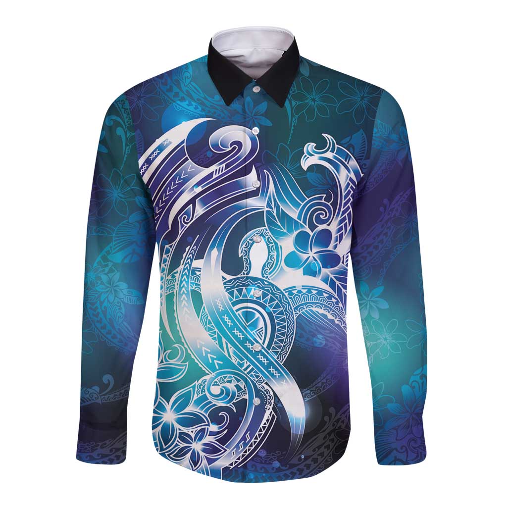 Aloha Hawaii Turtle Long Sleeve Button Shirt Teal Purple Ribbon LT7 Unisex Purple Teal - Polynesian Pride