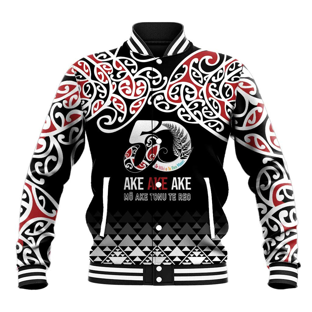 Kia Kaha Te Reo Maori Baseball Jacket 50 Years Mo Ake Tonu Te Reo LT7 Unisex Black - Polynesian Pride