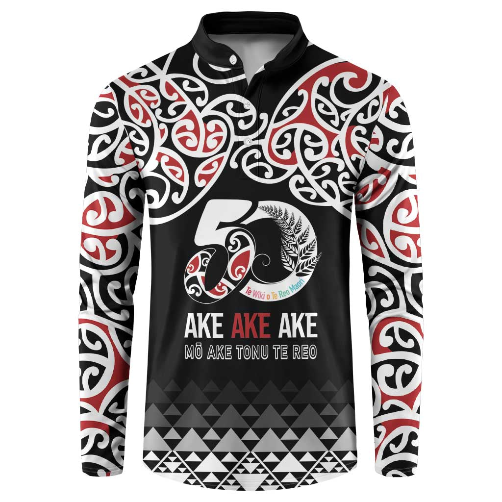Kia Kaha Te Reo Maori Button Sweatshirt 50 Years Mo Ake Tonu Te Reo LT7 Black - Polynesian Pride
