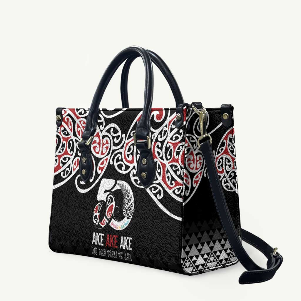 Kia Kaha Te Reo Maori Leather Bag 50 Years Mo Ake Tonu Te Reo LT7 Black - Polynesian Pride