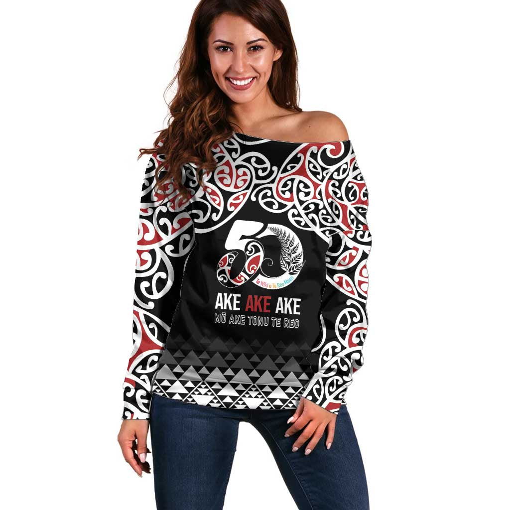 Kia Kaha Te Reo Maori Off Shoulder Sweater 50 Years Mo Ake Tonu Te Reo LT7 Women Black - Polynesian Pride