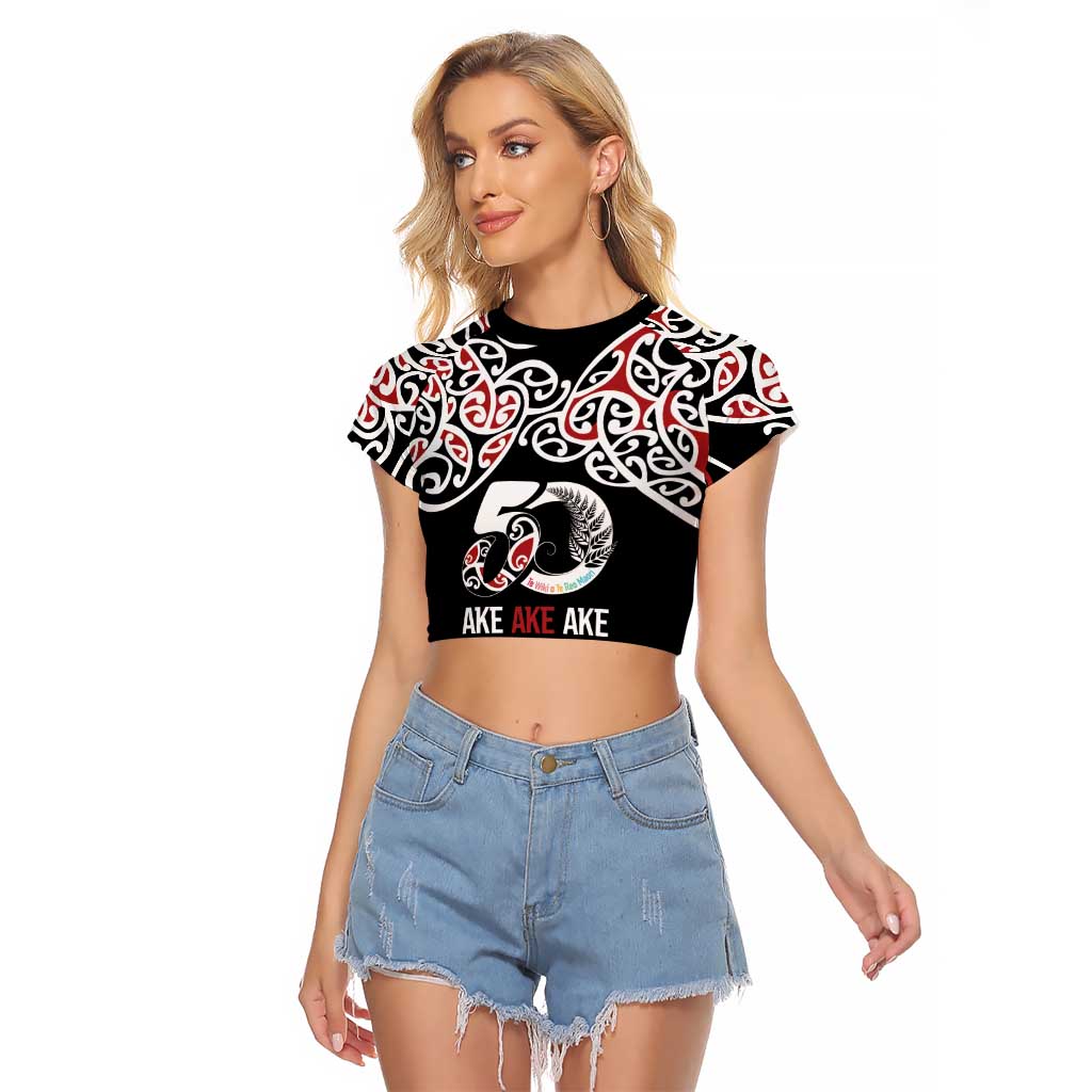 Kia Kaha Te Reo Maori Raglan Cropped T Shirt 50 Years Mo Ake Tonu Te Reo LT7 Female Black - Polynesian Pride