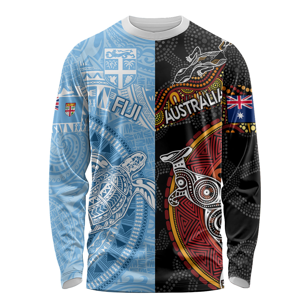 Personalised Fiji and Australia Long Sleeve Shirt Masi Patterns Mix Aboriginal Art LT7 Unisex Colorful - Polynesian Pride
