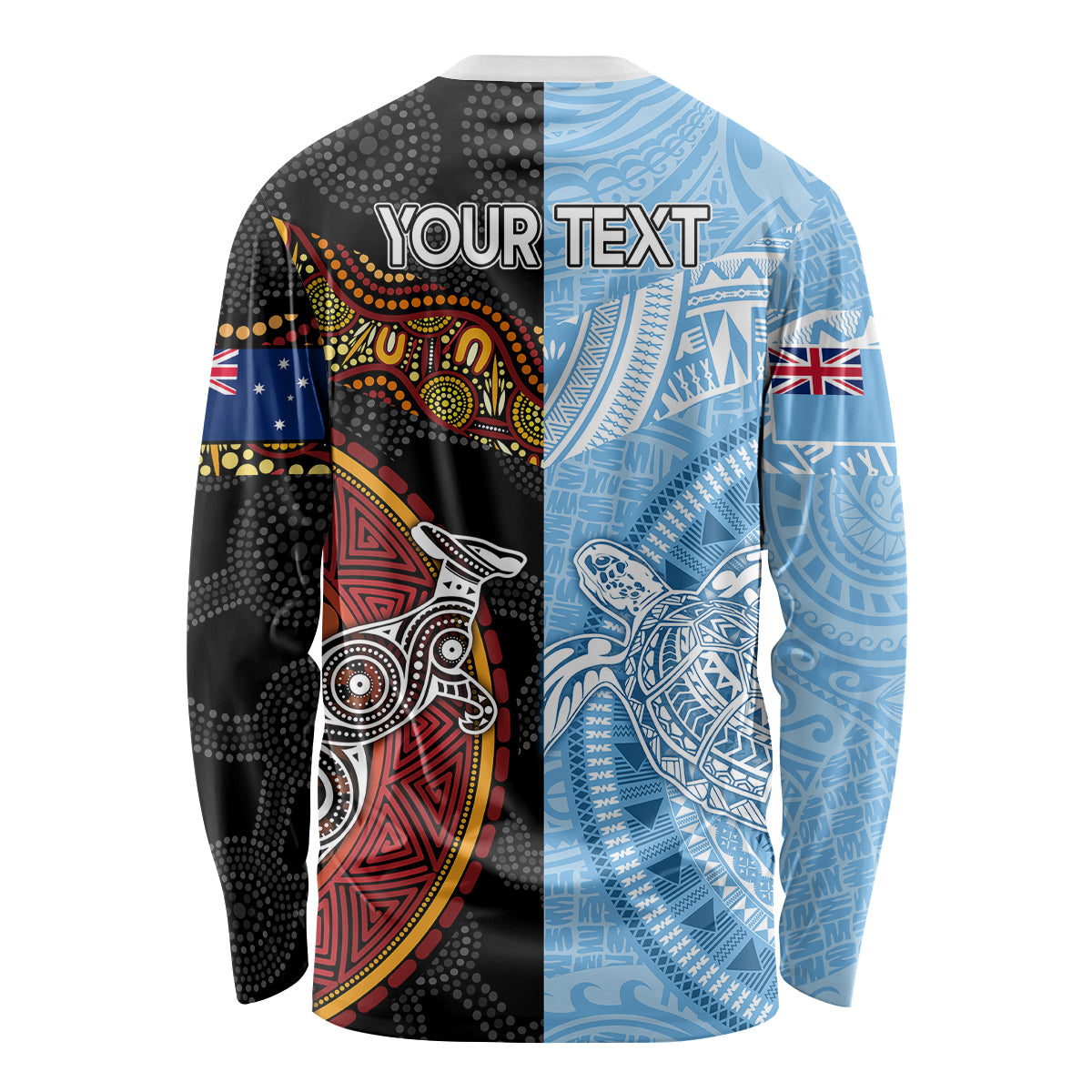 Personalised Fiji and Australia Long Sleeve Shirt Masi Patterns Mix Aboriginal Art LT7 - Polynesian Pride