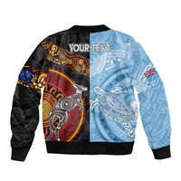 Personalised Fiji and Australia Sleeve Zip Bomber Jacket Masi Patterns Mix Aboriginal Art LT7 - Polynesian Pride