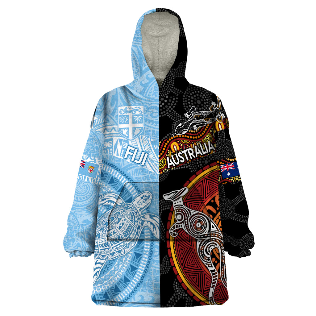 Personalised Fiji and Australia Wearable Blanket Hoodie Masi Patterns Mix Aboriginal Art LT7 One Size Colorful - Polynesian Pride