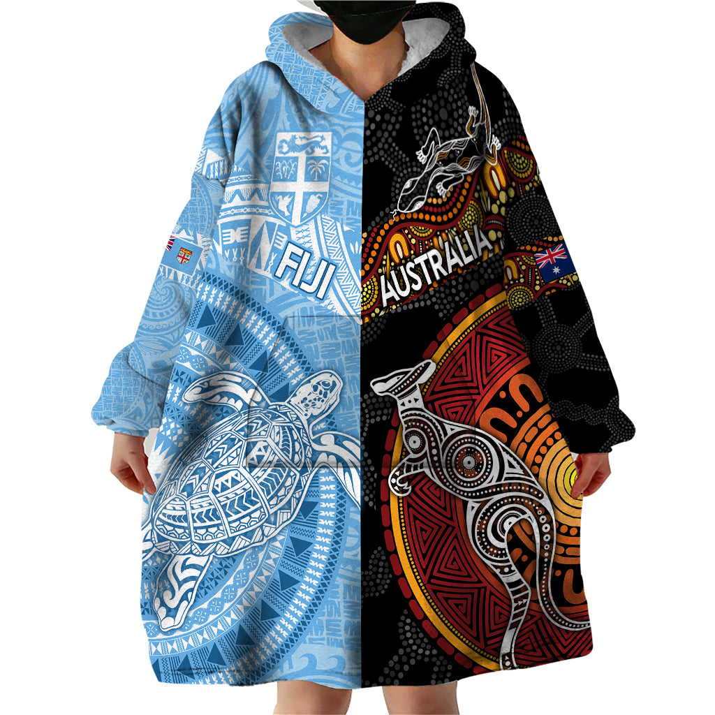 Personalised Fiji and Australia Wearable Blanket Hoodie Masi Patterns Mix Aboriginal Art LT7 - Polynesian Pride