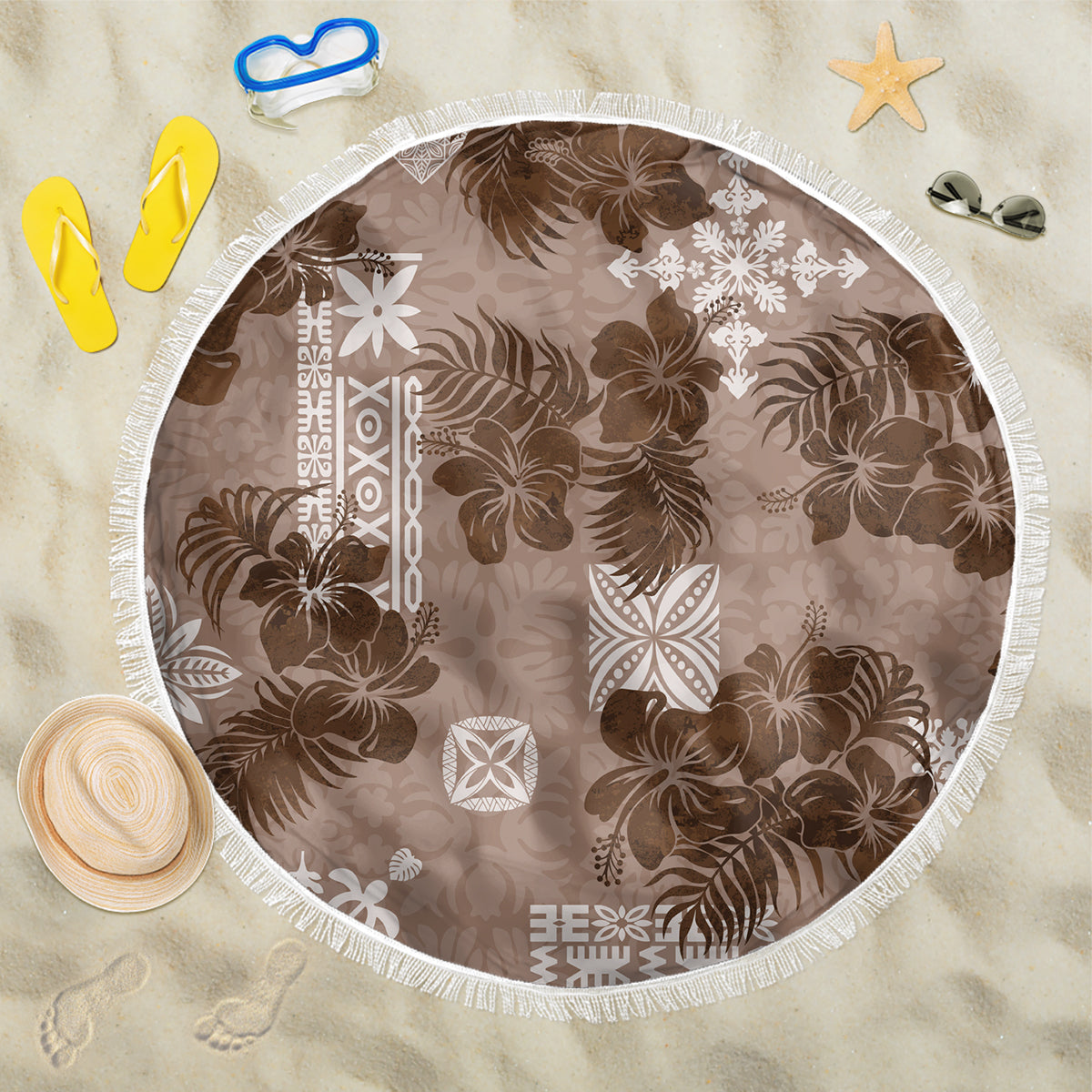 Vintage Hawaii Beach Blanket Hibiscus Mix Hawaiian Quilt Patches - Brown LT7 One Size 150cm Brown - Polynesian Pride