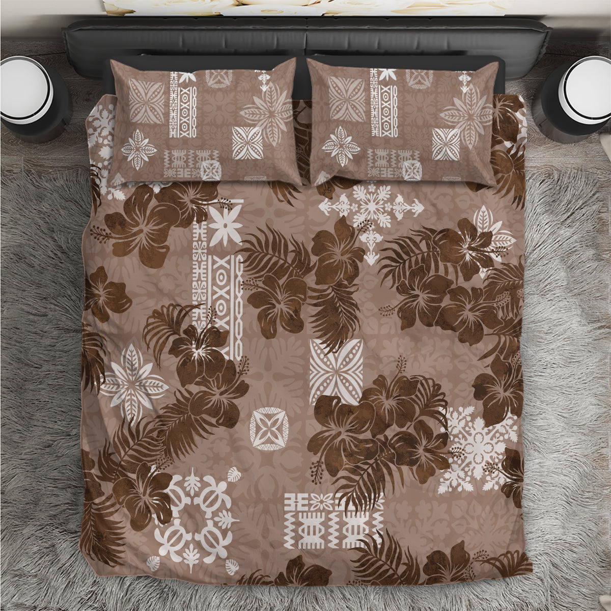 Vintage Hawaii Bedding Set Hibiscus Mix Hawaiian Quilt Patches - Brown LT7 Brown - Polynesian Pride