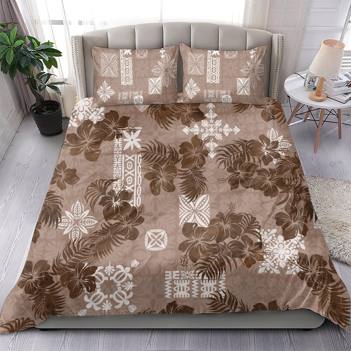 Vintage Hawaii Bedding Set Hibiscus Mix Hawaiian Quilt Patches - Brown LT7 - Polynesian Pride
